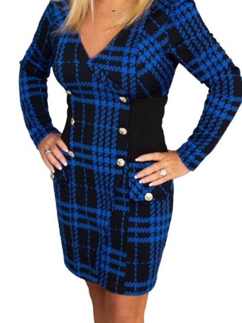 Venus Blue & Black Plaid Button-Front V-Neck Fitted Dress